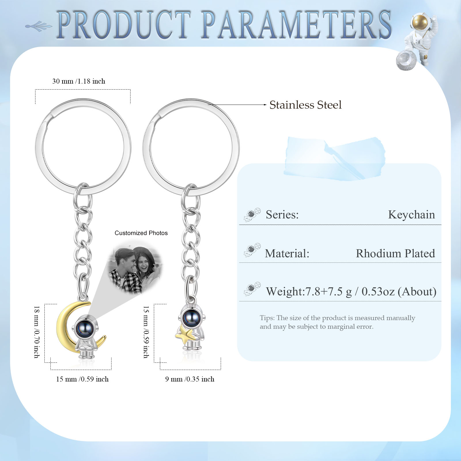 Ti amo Coppia di portachiavi 1 foto personalizzata astronauta luna e stella con proiezione per coppia