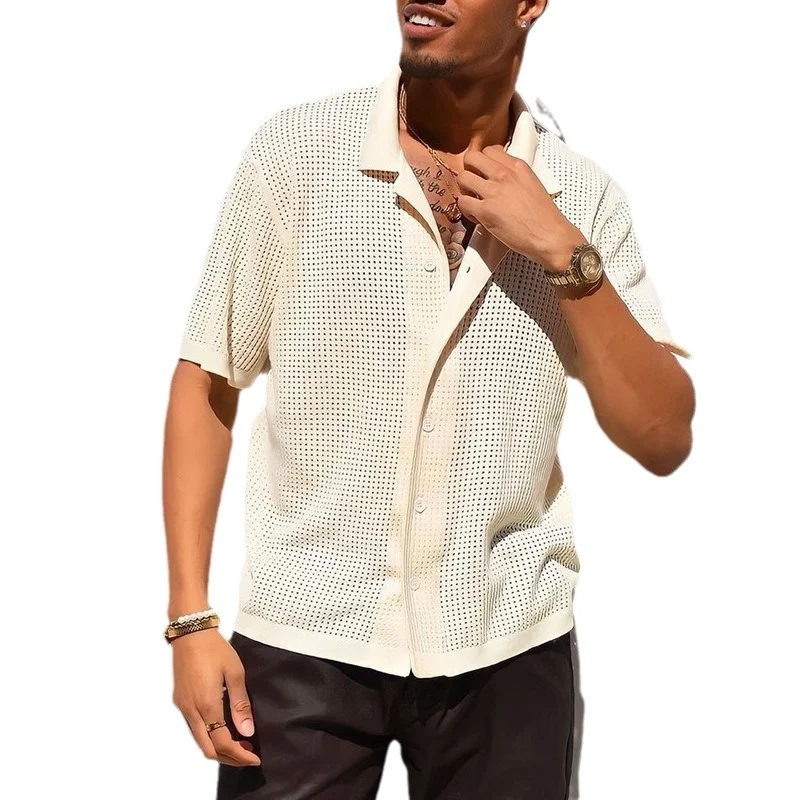 Pongl Pongl Men's Casual Knit Shirt Men's Summer New Solid Color Lapel Hollow Out Breathable Men's Short-Sleeved Jacket