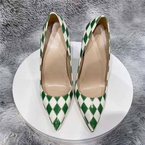 VCshoes Diamond Check Pumps Green White Women Ladies 12cm Stiletto High Heels Ladies Pointed Toe Party Shoes QP165