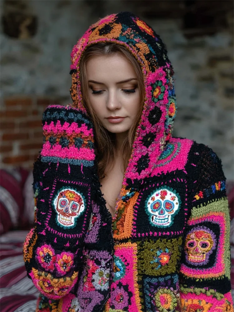 Day Of The Dead Sugar Skulls Floral Colorblock Crochet Cozy Hooded Cardigan