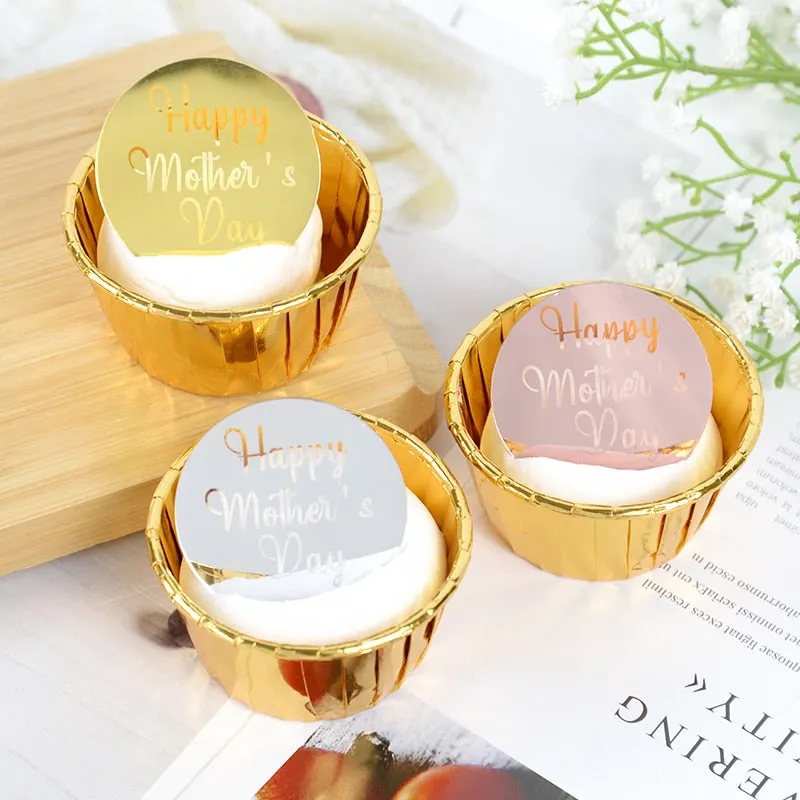 10pcs Gold Happy Mother's Day Acrylic Cupcake Topper Round Circle Cake Topper DIY Dessert Cake Decoration for Mothers Day Gift