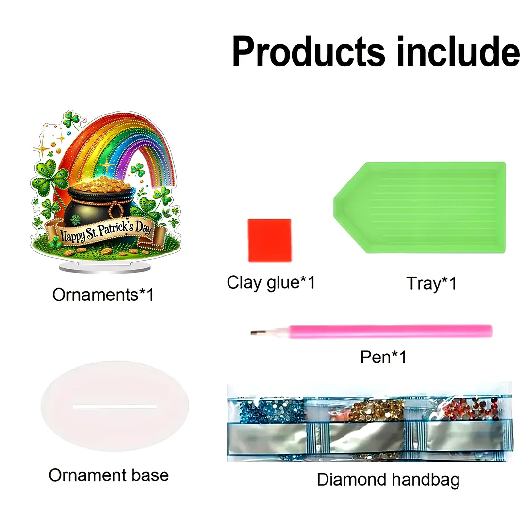 2D Flat DIY Happy St Patricks Day Diamond Painting Tabletop Ornaments Kit Special Shape Crystal Art Craft Decoration Single Side Drill for Living Room Home Office