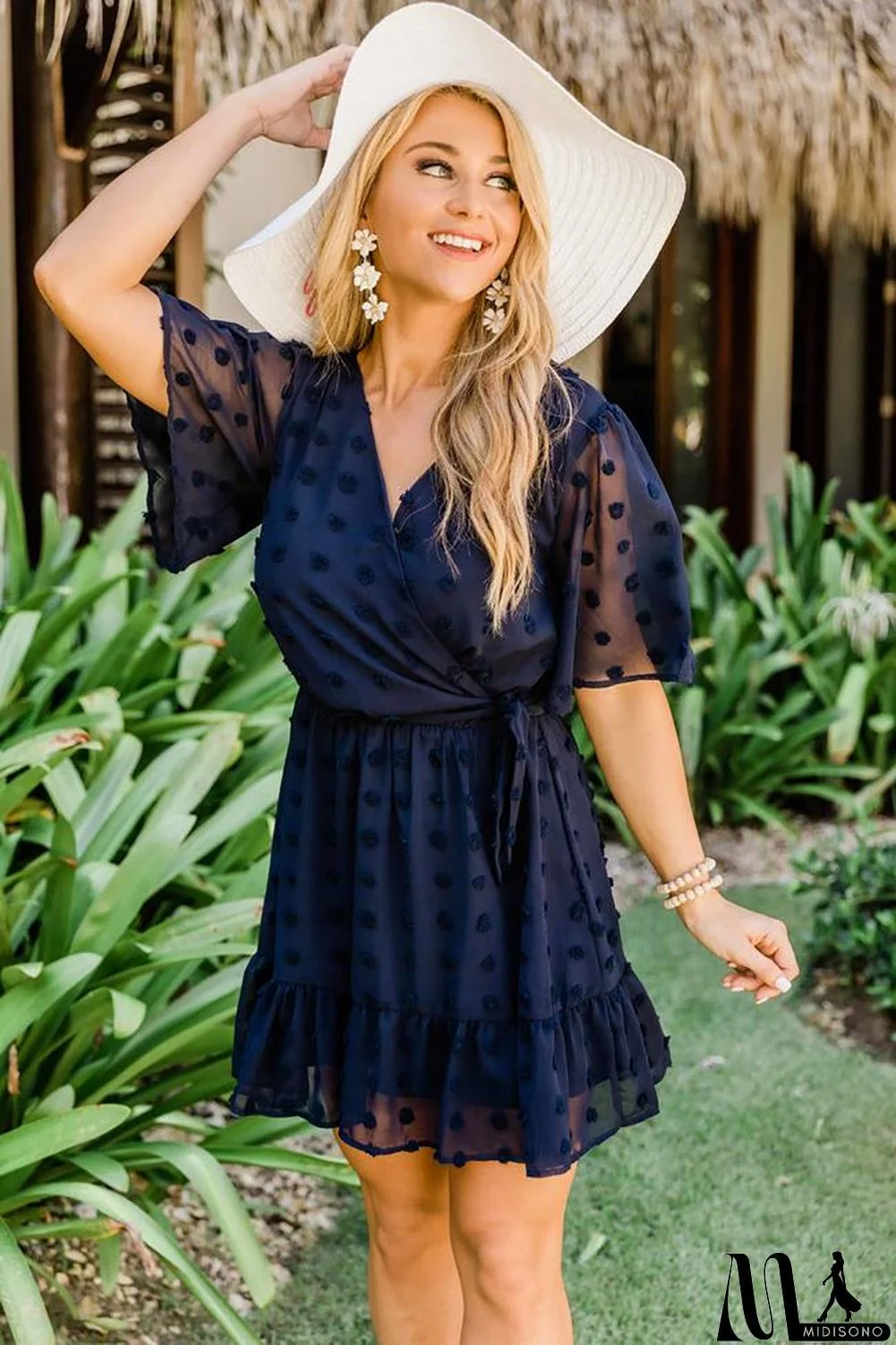 MidiSono - Wrap V Neck Swiss Dot Mini Dress with Ruffles