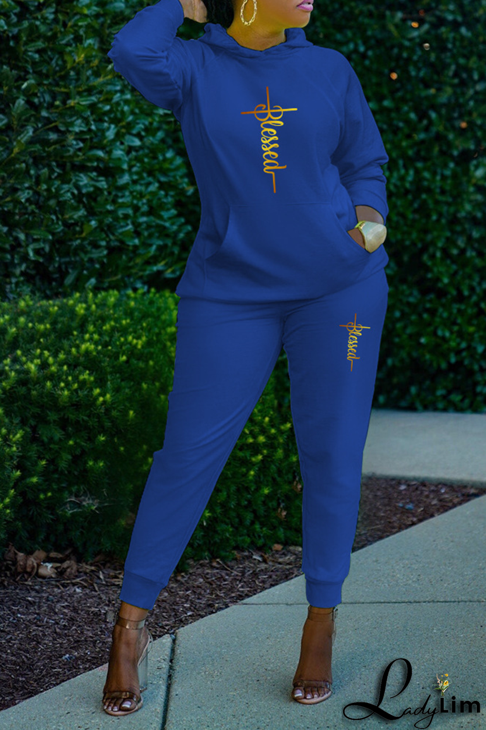 Black Fashion Print Patchwork Hooded Collar Long Sleeve Two Pieces