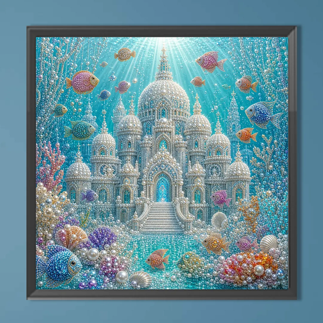 Underwater Castle Pearl Full DIY 5D Round Drill Gem Art Diamond Painting Kits 15.75x15.75 in Diamond Dots Paintings Picture Arts Craft Diamond Art Kits for Adults Beginner Home Wall Decor