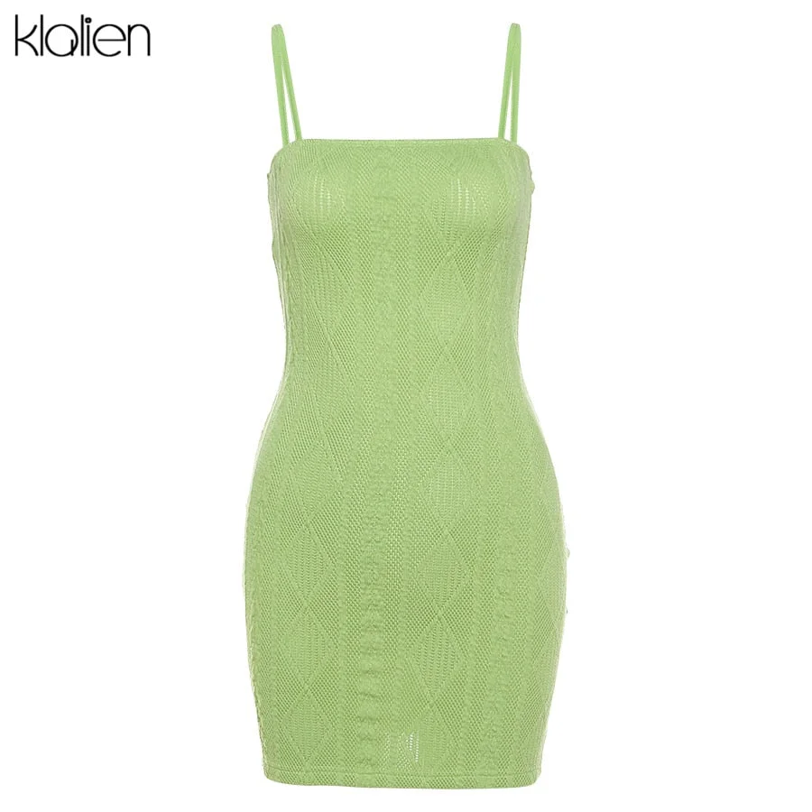 KLALIEN Women Fashion Elegant Streetwear Strap Mini Dress Summer 2022 New Solid Green Knit Stretch Slim Office Lady Dresses