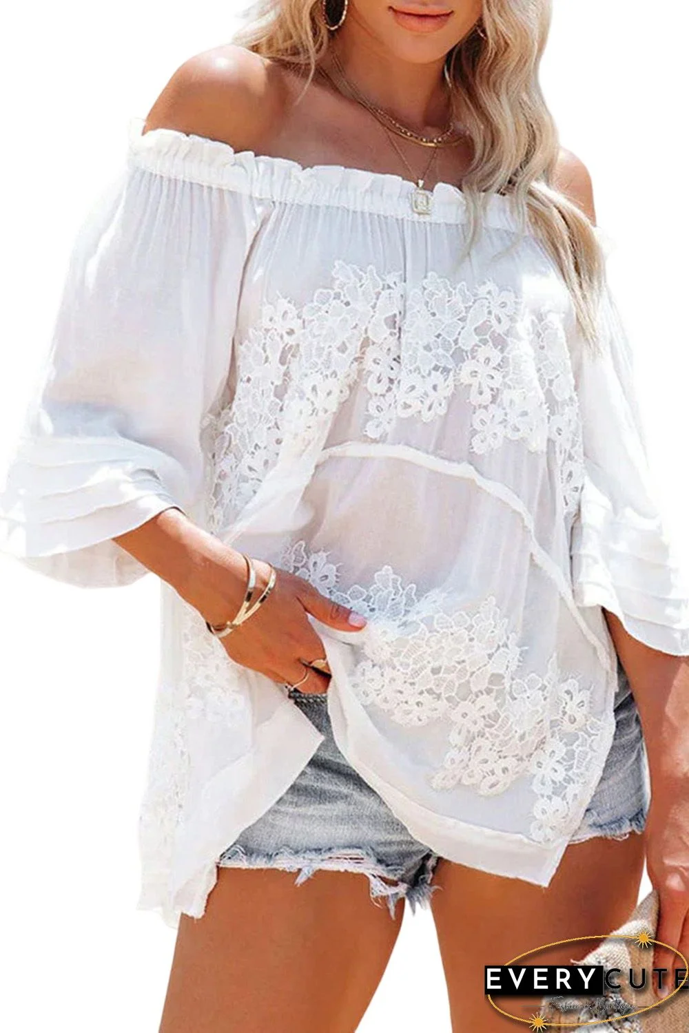 White Off The Shoulder Flare Sleeve Crochet Tunic