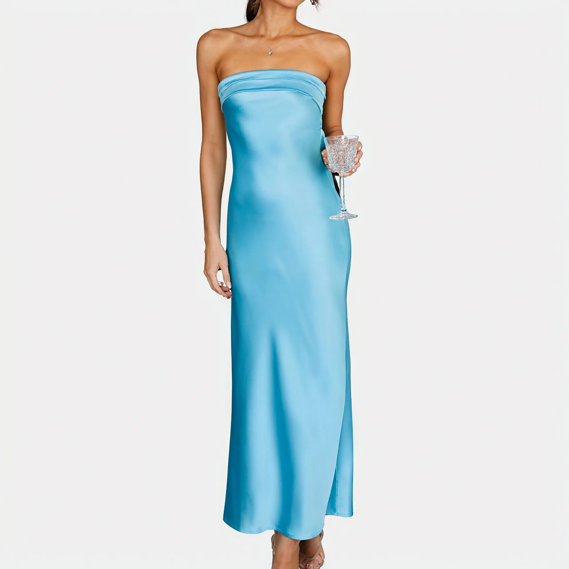 Courtney | Elegant Strapless Long Satin Look Dress - Image 1