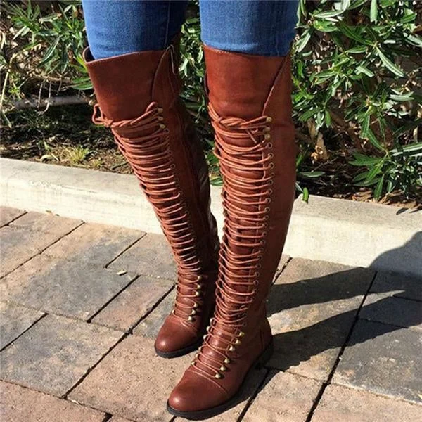 Camel Pu Cross Strap Block Heel Knee High Boots