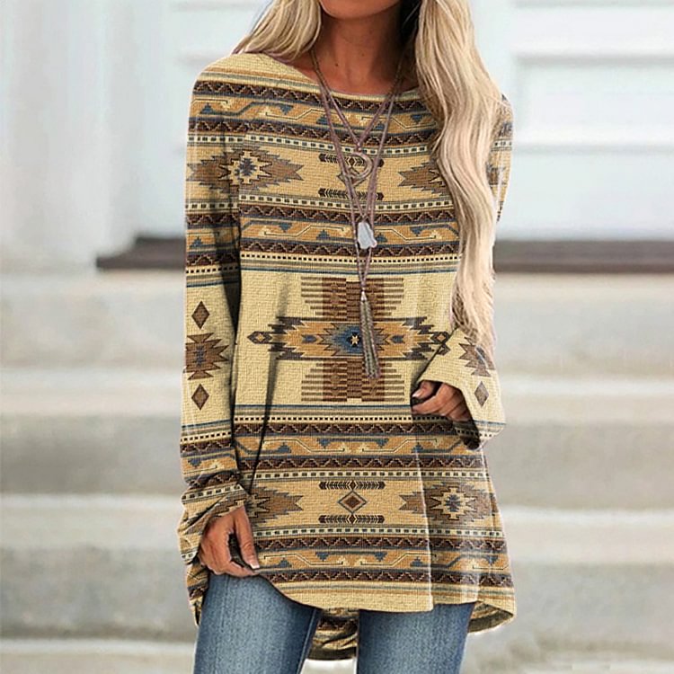 Vefave Crew Neck Long Sleeve Western Print Tunic