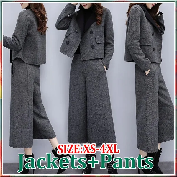 Autumn Winter Woolen Two Piece Sets Outfits Women Plus Size Short Coat And Wide Leg Pants Suits Elegant Office Korean Sets