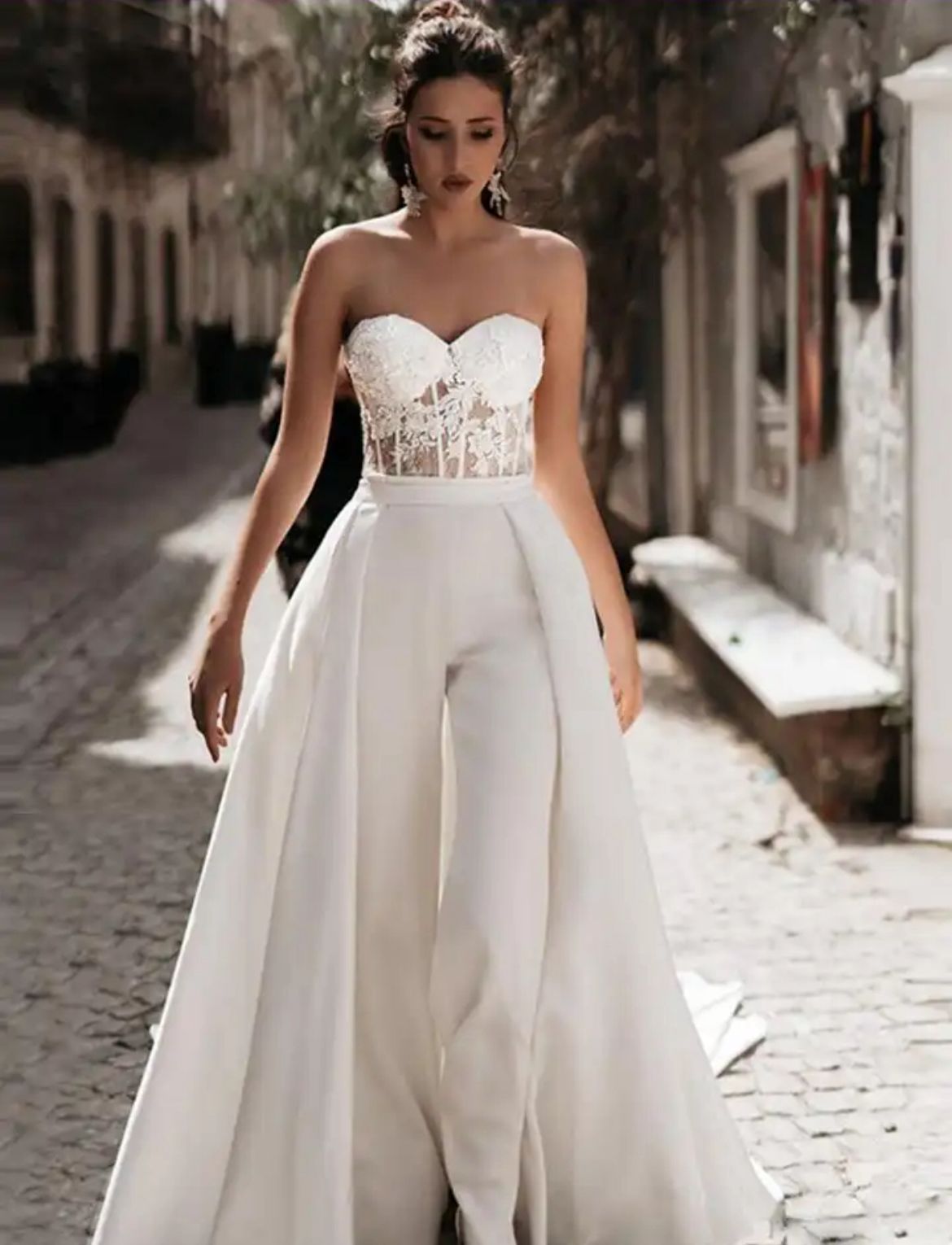 Lvs&Broner Simple Ivory Sweetheart Strapless Sleeveless Long Wid-Leg Jumpsuit with Embroidered