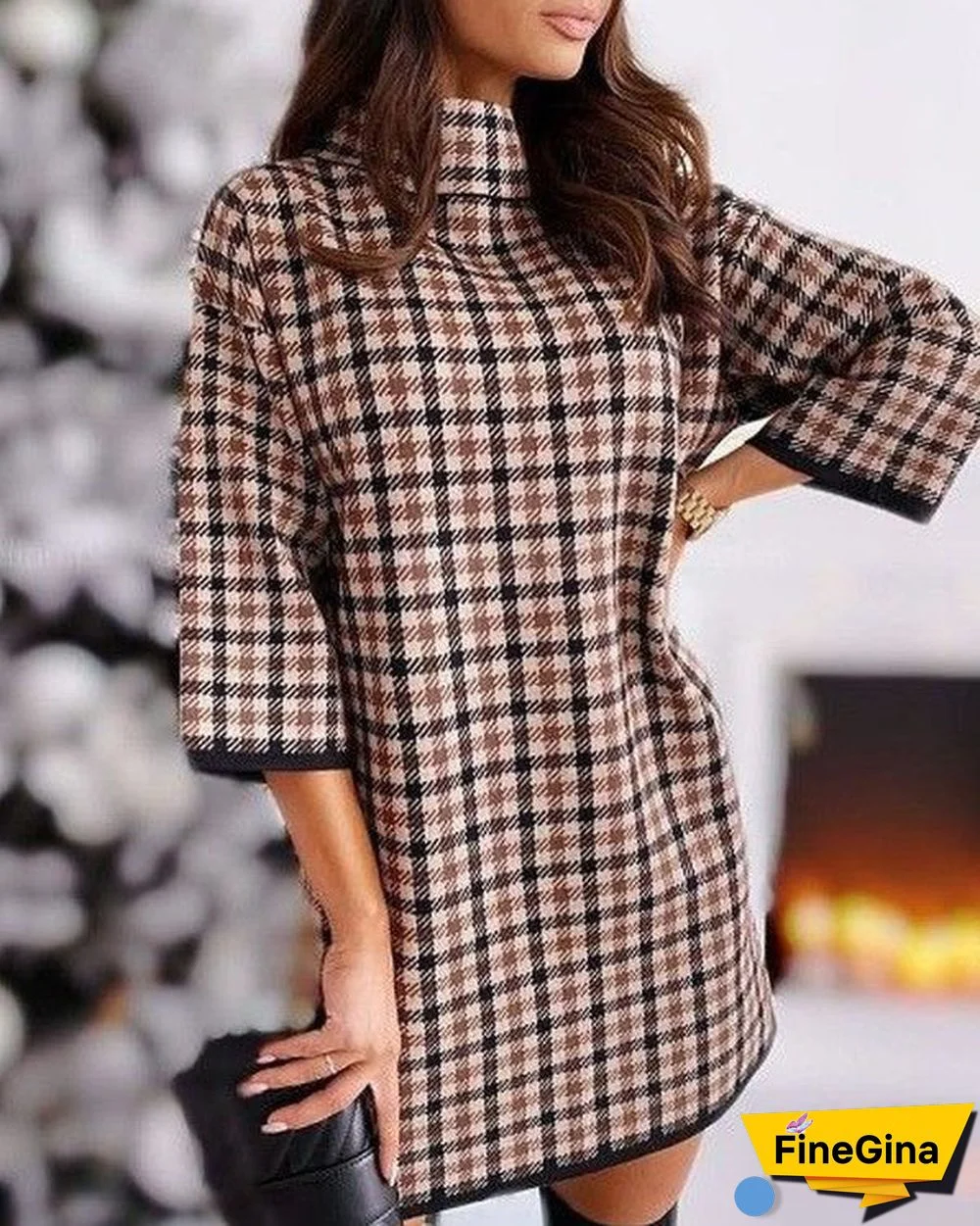 Classy Mock Neck Print Mini Sweater Dress