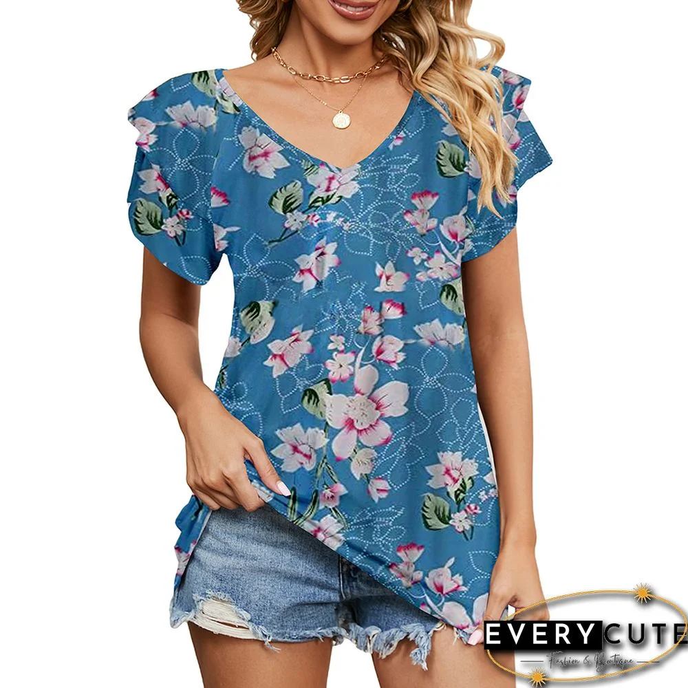 Light Blue Floral Print V Neck Ruffle Sleeve Tops