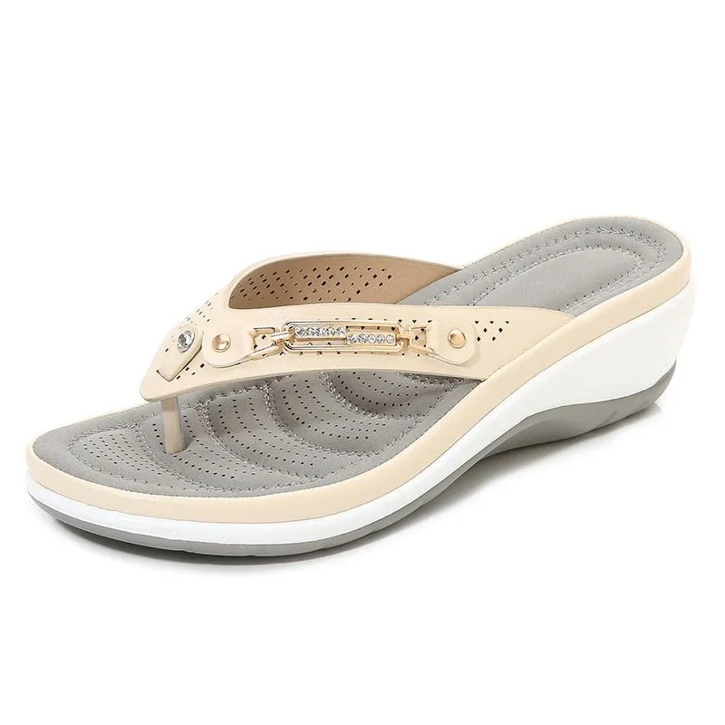 Women's Slippers Summer New Fashion Metal Button Slides Shoes Wedge Beach Sandals Women Outside Platform Flip Flops Sandalias