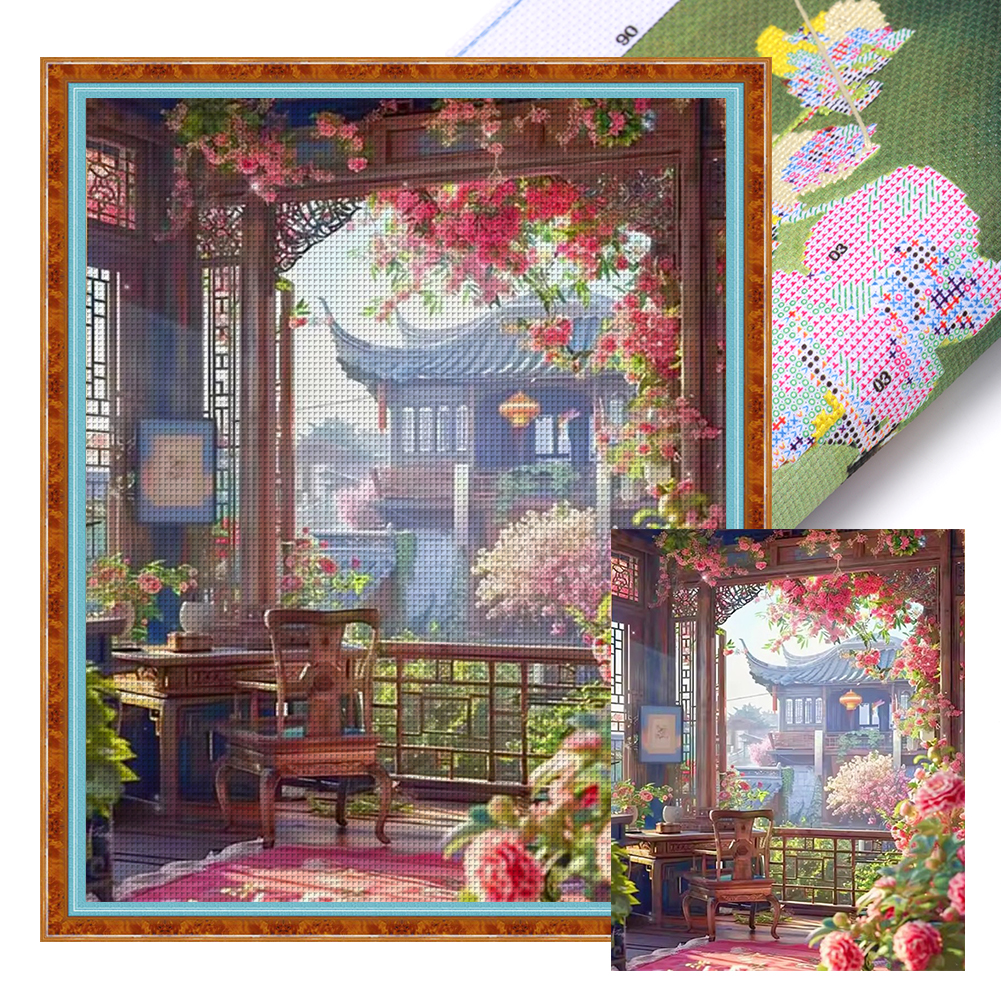 Flowers In Pavilion Full 14CT Pre-stamped Canvas(45*55cm) Cross Stitch