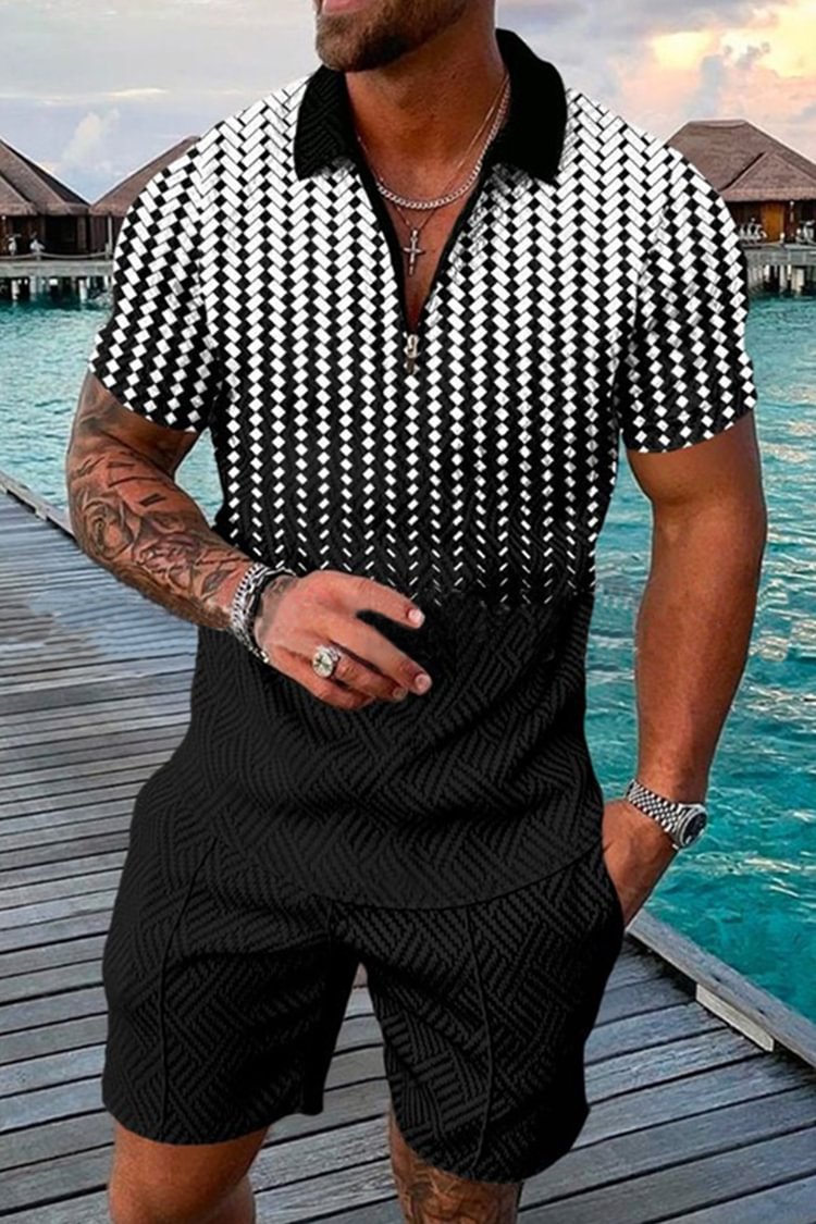 Tiboyz Men's Outfits Casual Gradient Print Short Sleeve Polo And Shorts Set