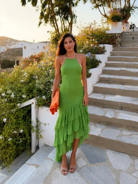 Lussooy Elegant Green Halter Pleated Sleeveless Ruffles Asymmetrical Prom Dress 