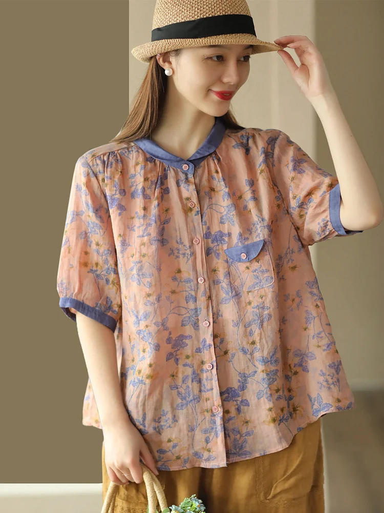 Women Artsy Summer Floral Spliced Cardigan Ramie Shirt