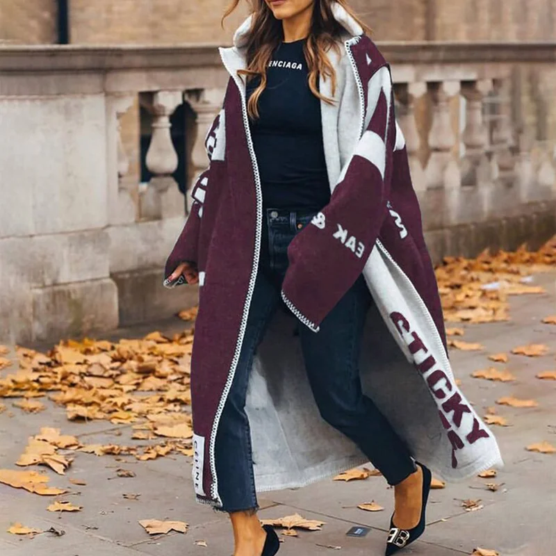 Jangj Autumn Elegant Lapel Lace-up Cardigan Jacket Women Long Sleeve Loose Outerwear Winter Long Double Sided Print Tweed Coat