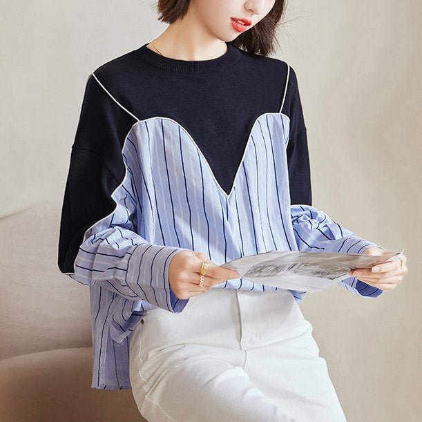 Blue Stripes Cotton-Blend Casual Paneled Shirts & Tops