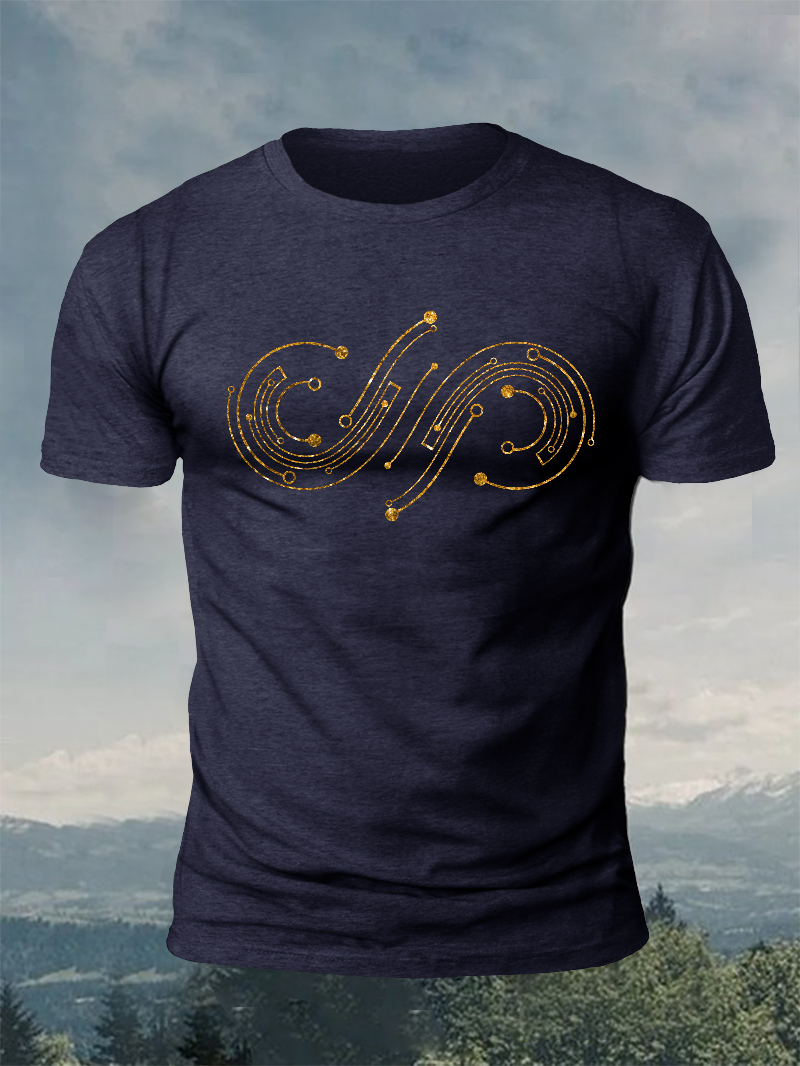 Golden Abstract Circle Line Print Short Sleeve T-Shirt
