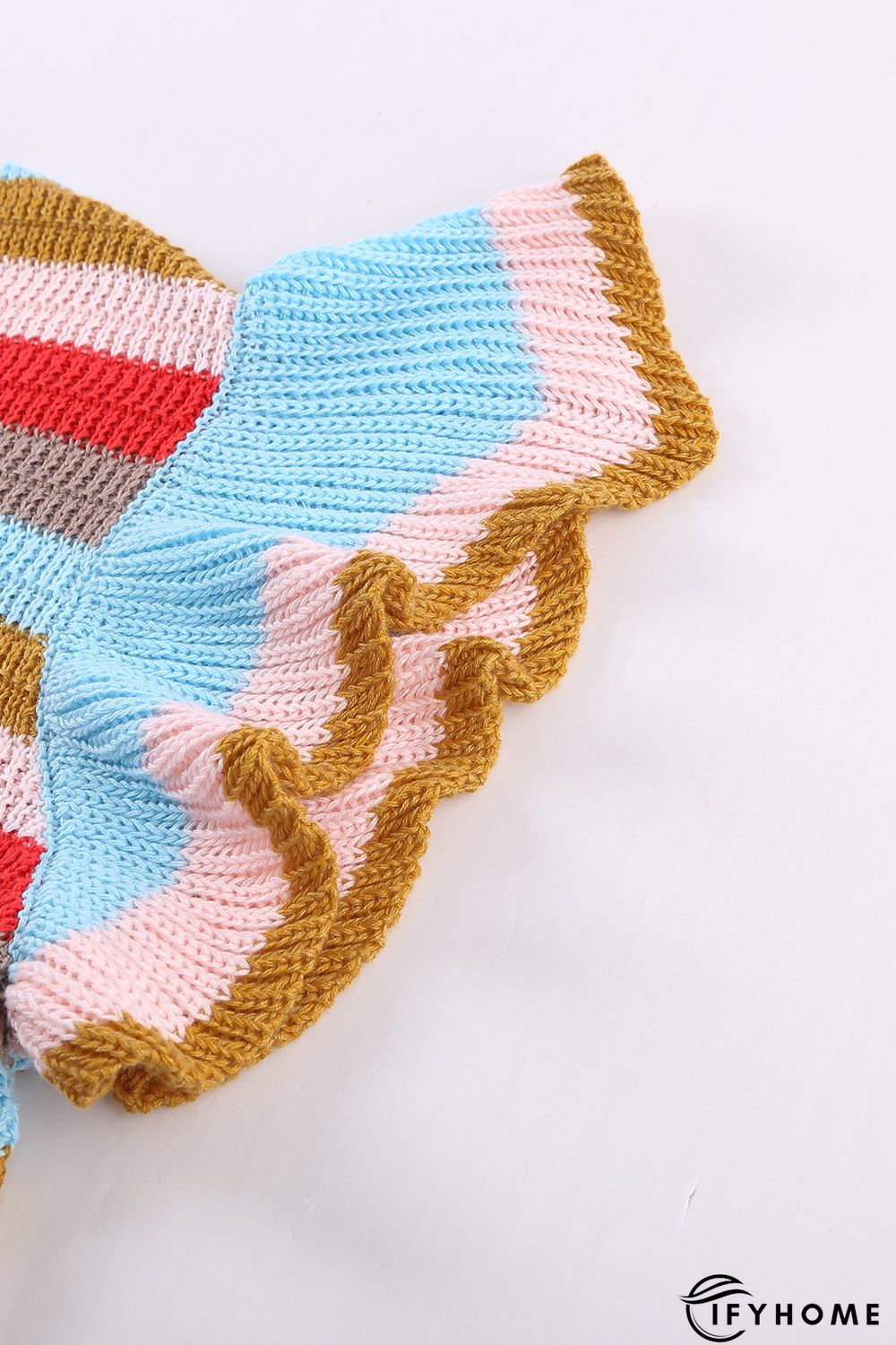Multi-color Striped Ruffle Short Sleeve Knit Top | IFYHOME