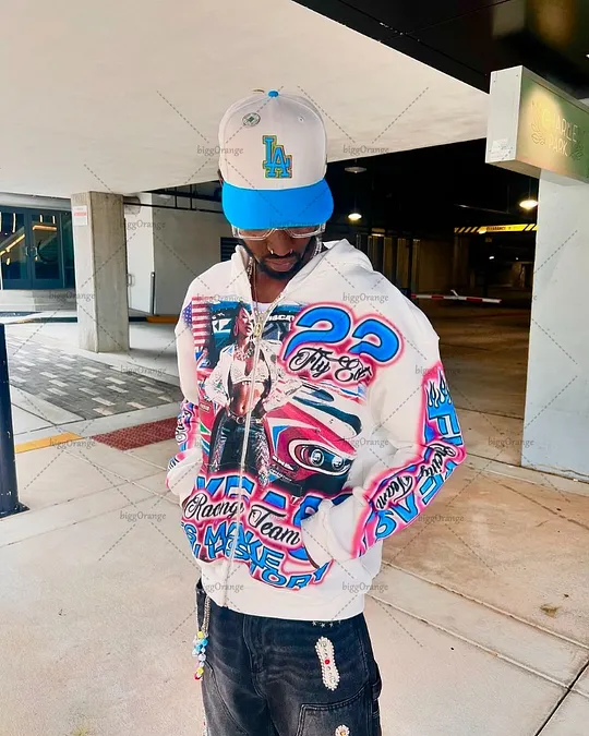 MAXCT oversized racing-print zip jacket for men’s streetwear outfits