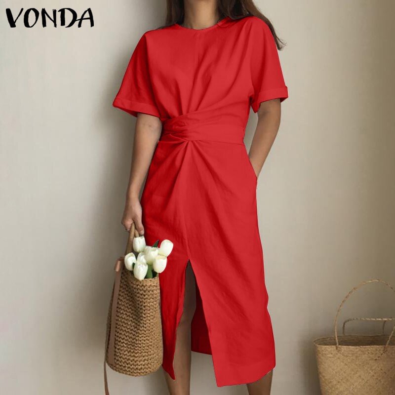 S- Women Casual Dress 2022 VONDA Short Sleeve Front Slit Bowknot Dresses Holiday Beach Sundress Femme Party Robe