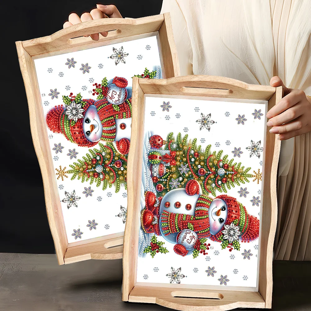 DIY Christmas Snowman Diamond Painting Wooden Serving Tray Diamond Art Dining Plate(30*20cm)