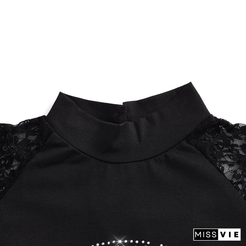 Women Turtleneck Lace Patchwork Long Sleeve Shirts Spring Autumn Ladies Casual Sexy Tops Black Y2k Skull Print Streetwear