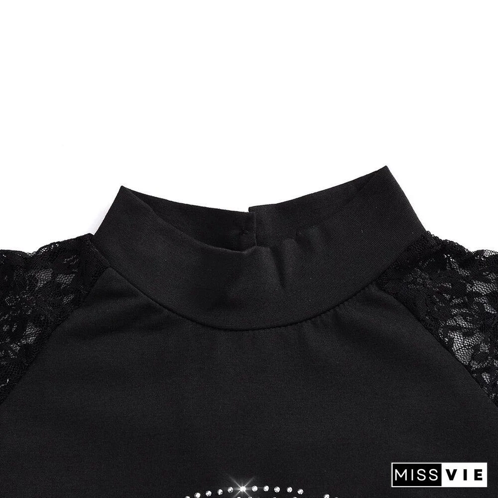 Women Turtleneck Lace Patchwork Long Sleeve Shirts Spring Autumn Ladies Casual Sexy Tops Black Y2k Skull Print Streetwear