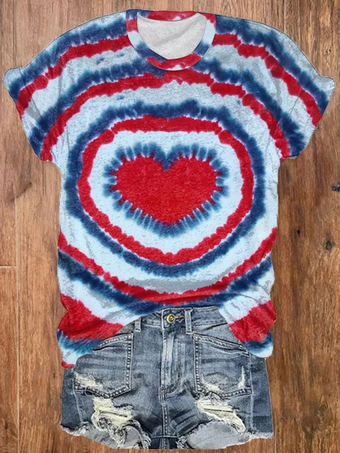 Women's Independence Day Red And Blue Tie-dye Heart Print Round Neck T-shirt socialshop