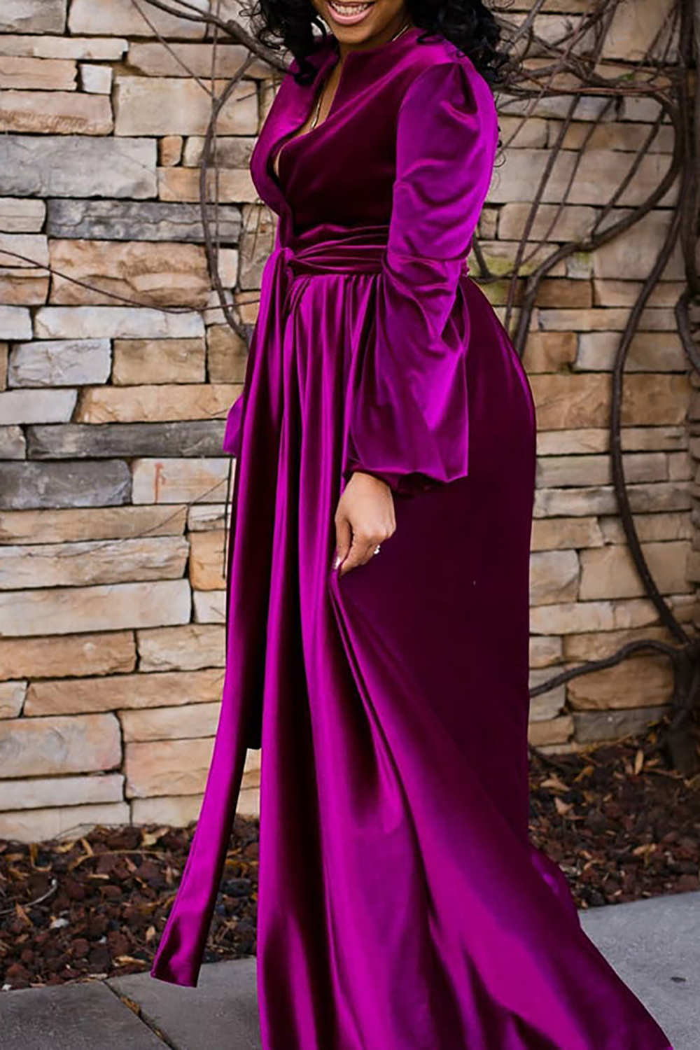 Plus Size Semi Formal Dress Magenta Velvet Lantern Sleeve Maxi Dress With Belt
