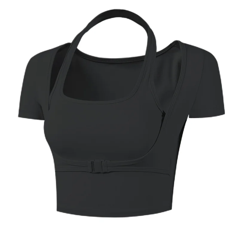 Sale High Quality Front Buckle Vetement De Sport Halter Sports Bras Long Sleeve Solid Color Quick Dry Two In One Crop Yoga Tops