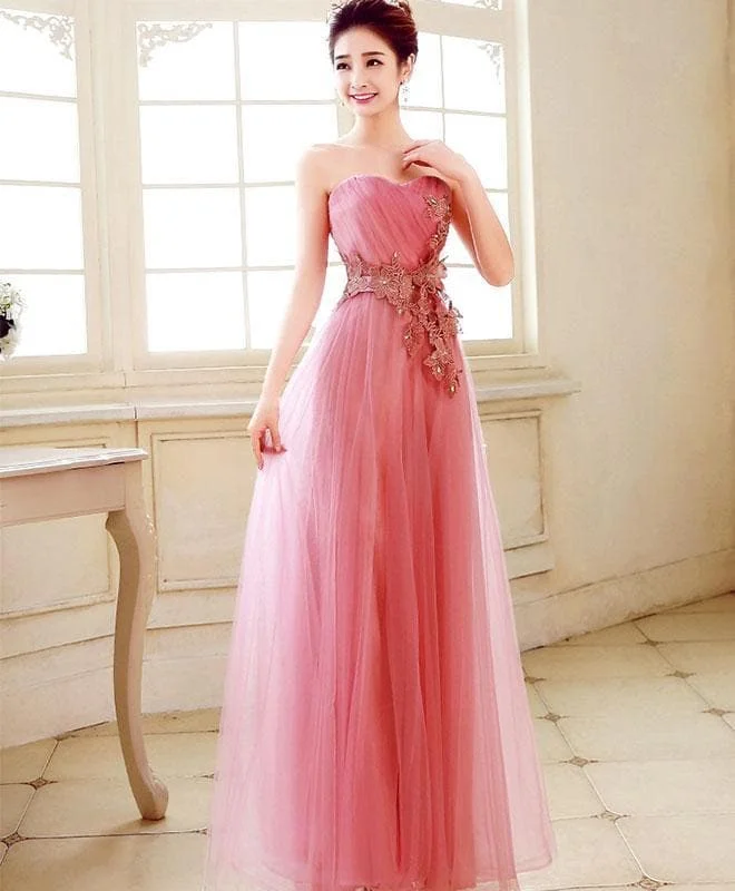 Pink Sweetheart Neck Tulle Long Prom Dress, Evening Dress