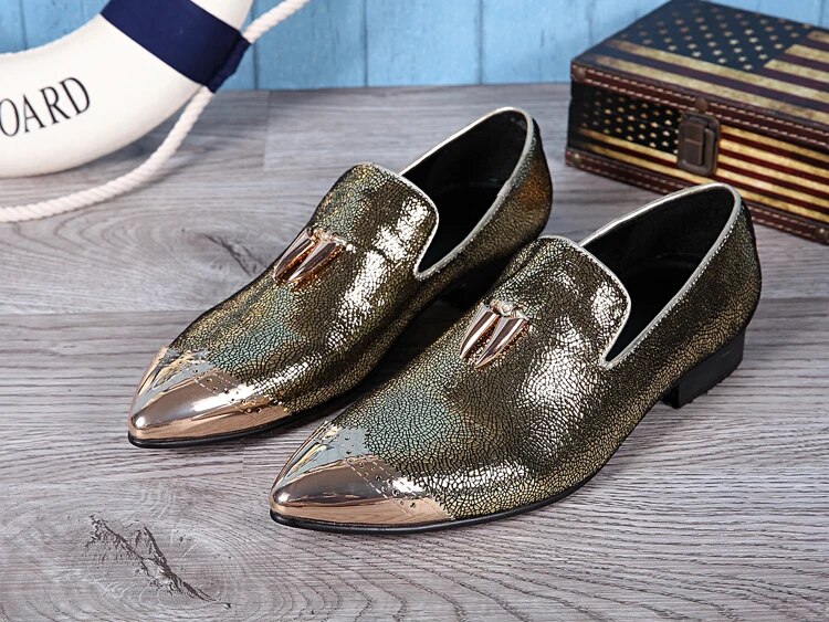 VCSHOES Golden Large Size Men's Loafers Shoes Party Dress Man Flats Shoes Real Leather Men Classic Shoes