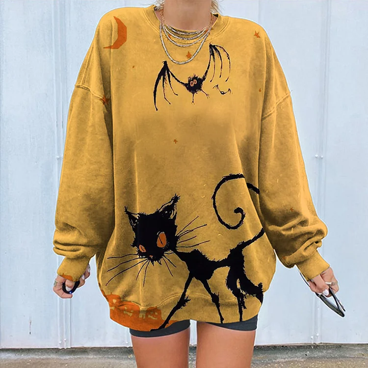 Cat Bat Halloween Print Crew Neck Sweatshirt