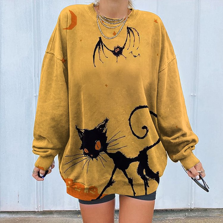 Cat Bat Halloween Print Crew Neck Sweatshirt