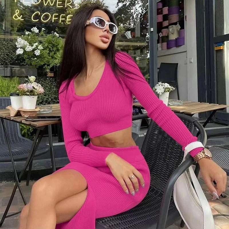 Tawnie 2022 Spring Autumn Knitted Sexy Women Dress Sets Casual Fashion Women's Suit With Long Sleeve Pullover Top & Split Skirt
