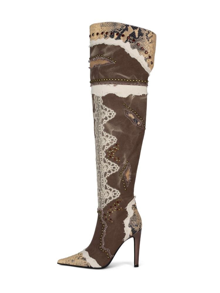 Fashion Snakeskin Lace Canvas Stud Over-The-Knee Pointed-Toe Stiletto Heeled Boots