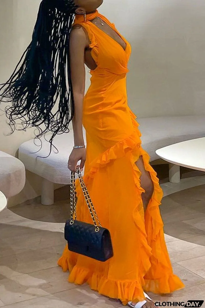 Sexy Solid Patchwork Backless Stringy Selvedge Halter Long Dress Dresses