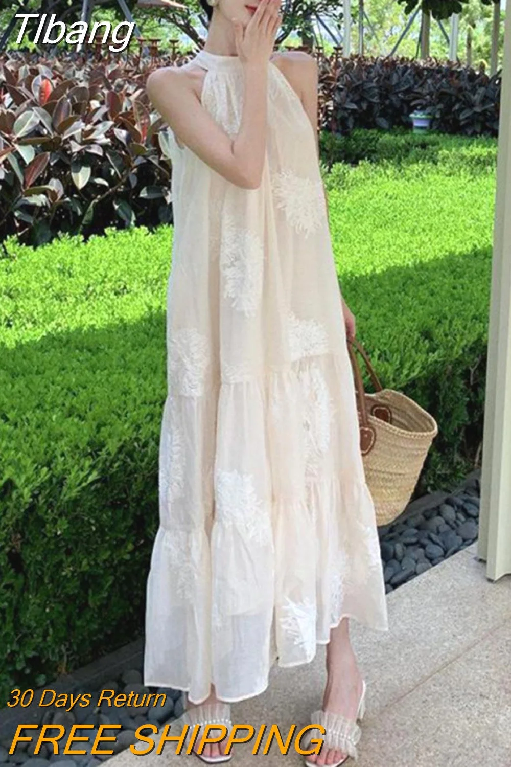 Tlbang French Temperament White Bohemian Seaside Resort Style Sexy Loose Hanging Neck Character Sleeveless Mid-length Dress