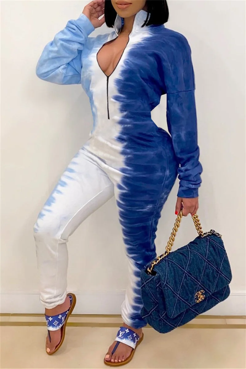 Fashion Casual Print Basic Zipper Collar Regular Jumpsuits