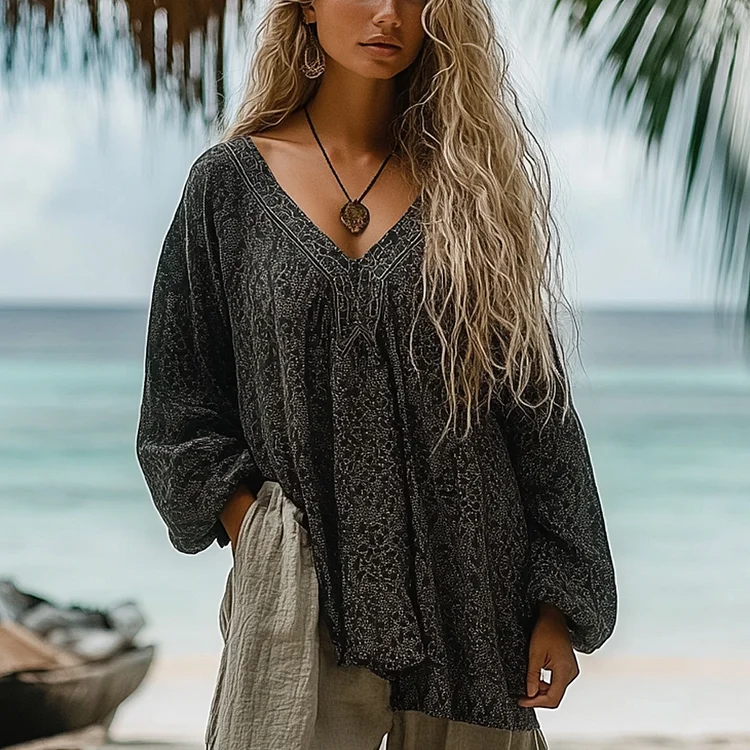 Vintage Bohemian Beach Vacation Linen Long-sleeved Top