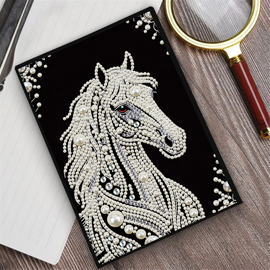 Horses Partial Pearl DIY 50 Pages A5 Diamond Painting Notebook Special Shaped Diamond Art Diary Book Kits Wireless Strip 5D Crystal Art Paintings Sketchbook for Art Drawing
