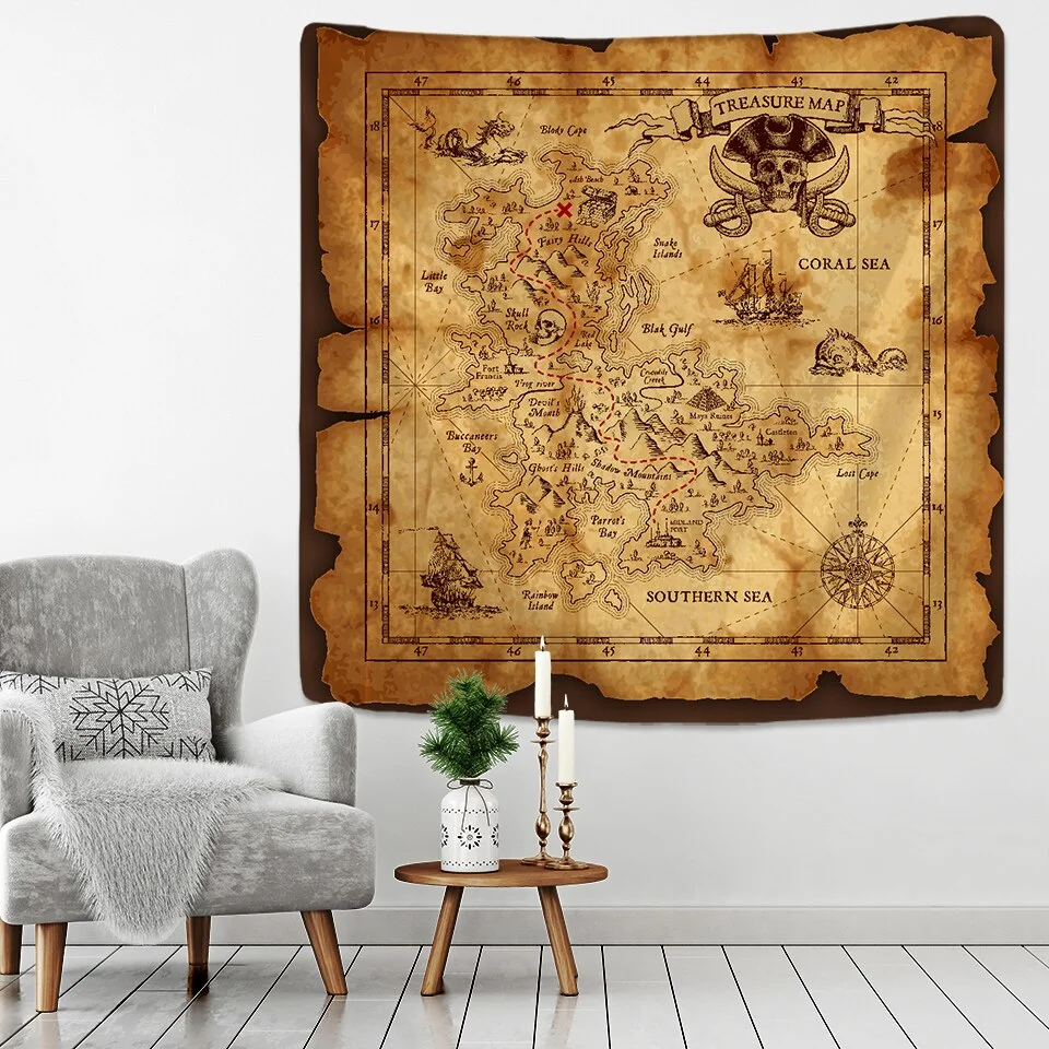 Nigikala World Map 3D Print Fabric Geometric Colorful Compass Wall Hanging Tapestry Retro Oil Painting Pirate Treasure Map