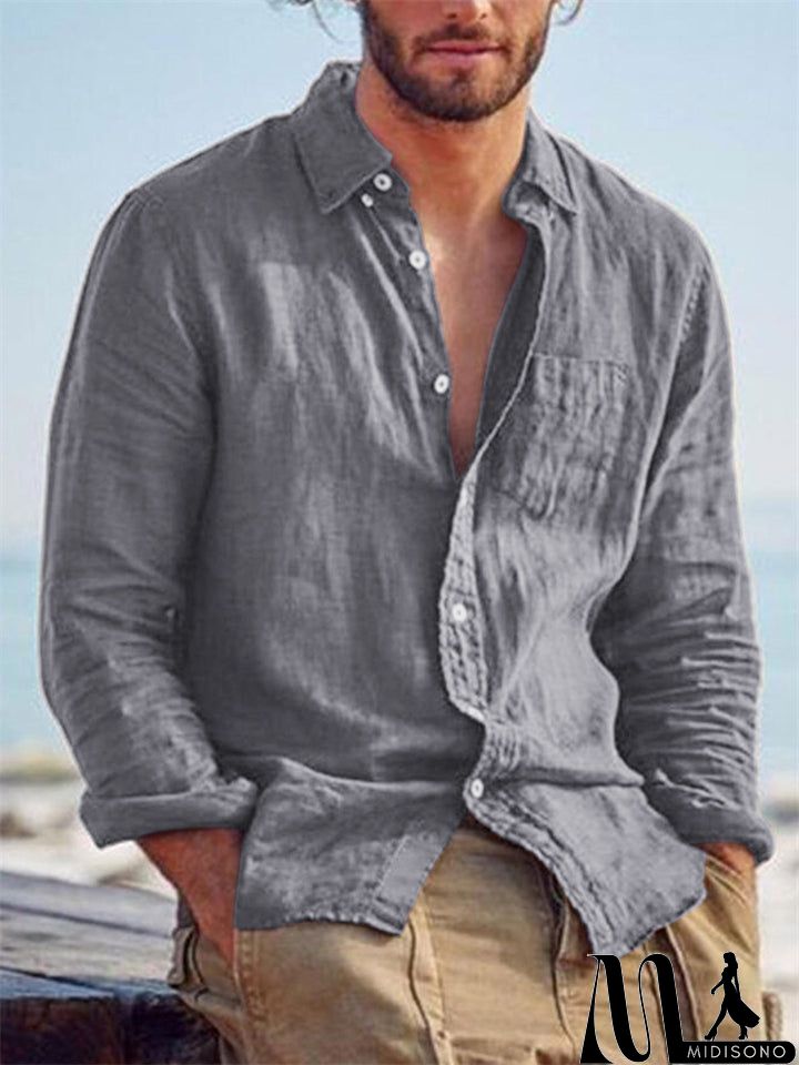 MidiSono - Men's Casual Plain Lapel Button Down Roll Up Sleeve Shirts