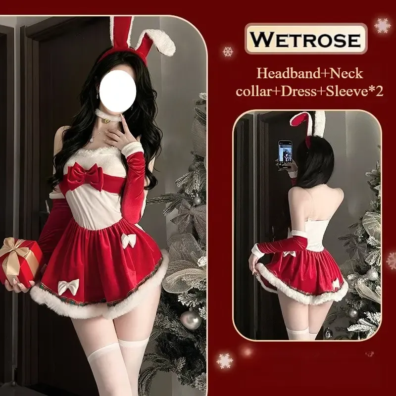 [Wetrose] In Stock Bunny Girl Red White Velvet Santa Rabbit Ear Dress Outfit Holiday Party Cosplay Costume Christmas Xmas
