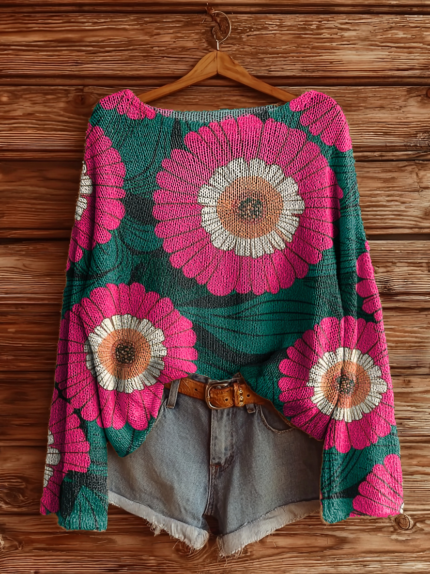 Women's Bohemian Floral Art Print Casual Pullover Sweater
